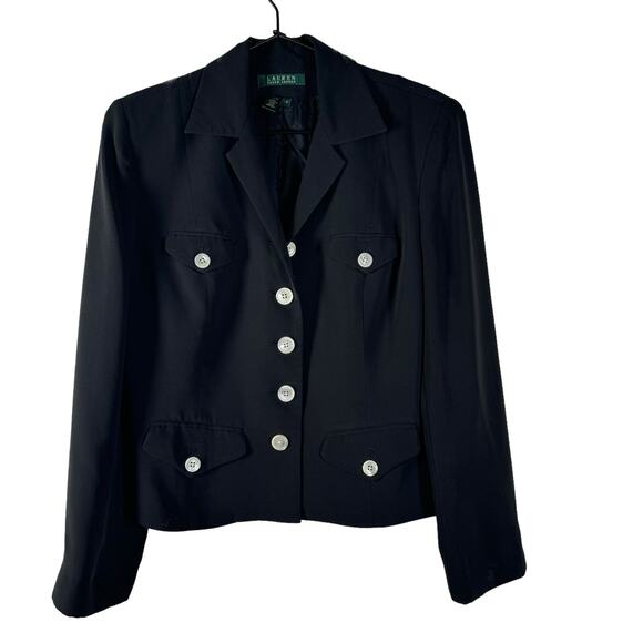 Lauren Ralph Lauren Womens 100% Silk Button Up Black Blazer Pockets Sz 8 - Picture 1 of 5